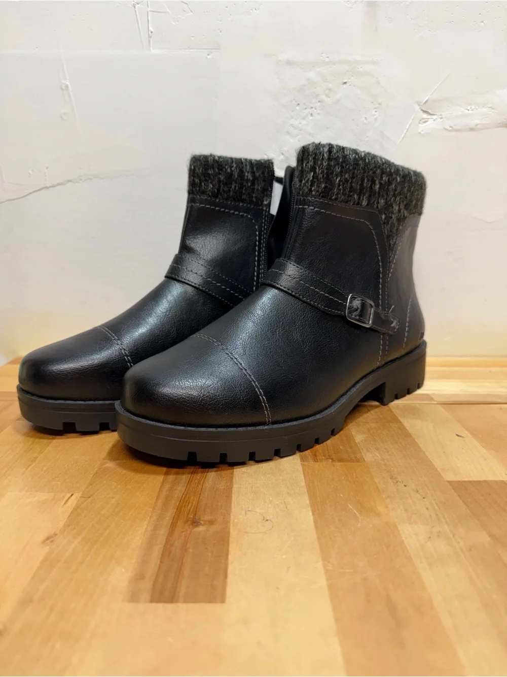 Women's Black Ankle Booties with Knit Collar and Buckle